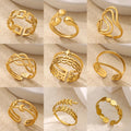 MC280 Wholesale Stainless Steel Geometric Open Ring Hollow Out Multilayer Gold Plated Leaf Cross Star Moon Gold Ring for Woman