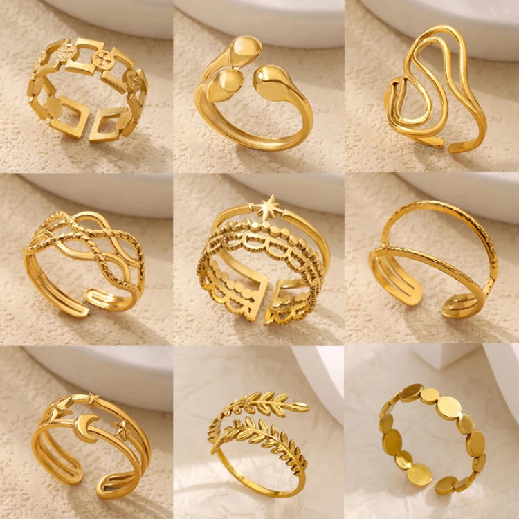 MC280 Wholesale Stainless Steel Geometric Open Ring Hollow Out Multilayer Gold Plated Leaf Cross Star Moon Gold Ring for Woman