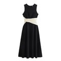 European American Women's Elegant Wind Midi Dress Polyester Sleeveless Vest Long Skirt Spring Casual Style Color Contrast Design