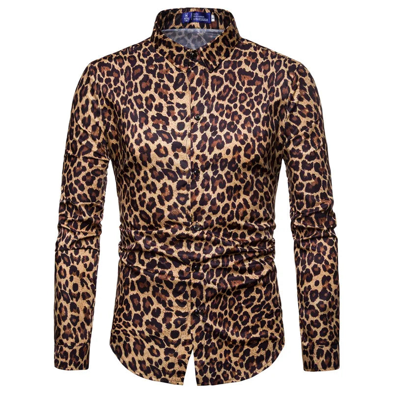 Trend Man Club Leopard Print Shirt High Quality Long Sleeve Social Man Casual Party Shirt Chemise Homme Shirt Dress