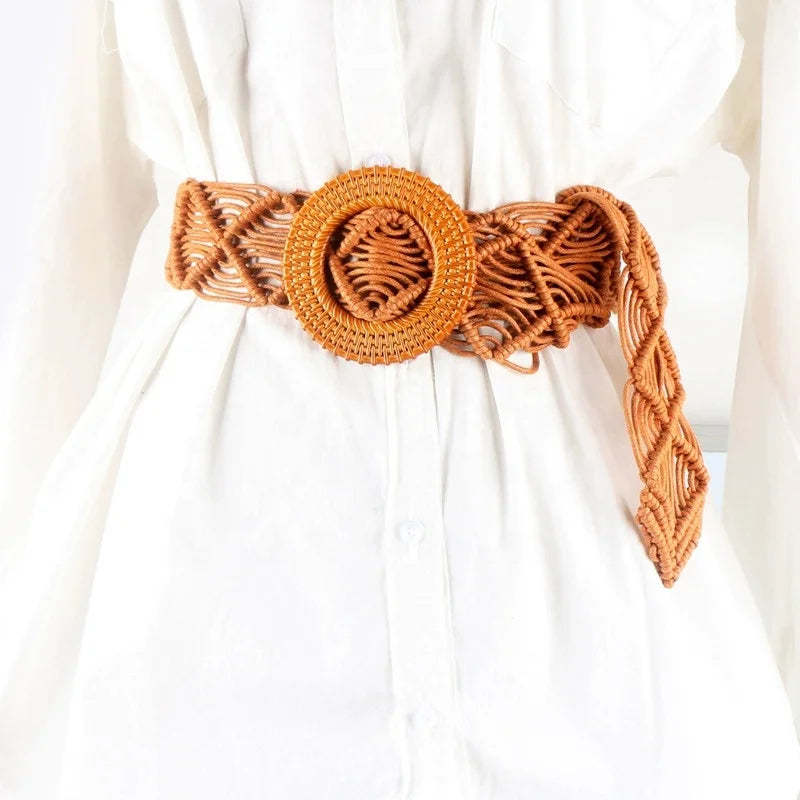 Ladies Decorative Wide Knitted Belt Retro Ethnic Style Casual Round Buckle with Woven Waistband Resin Material