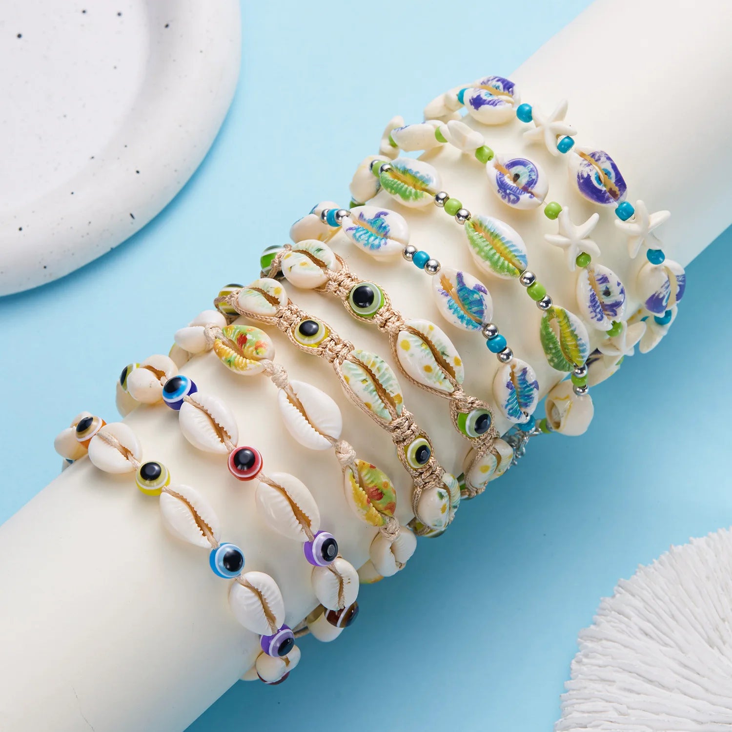 New Arrival Women's Summer Beach Vacation Style Trendy Devil's Eye Painted Shell Starfish Handmade Woven Gold Plated Bracelet