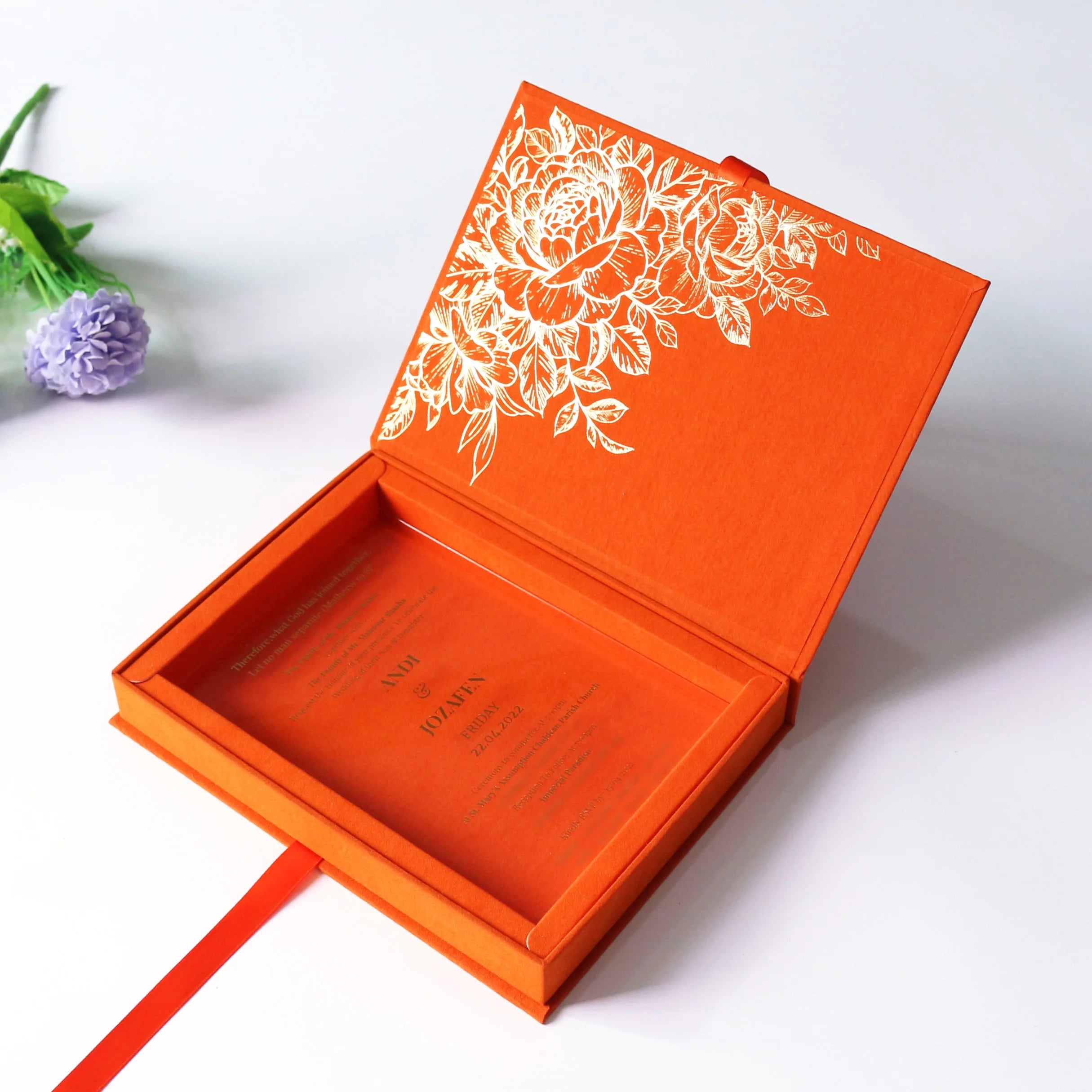 Elegant and Classy Pink and Gold Wedding Invitations Paper Acrylic Cards in a Velvet Hardcover Box