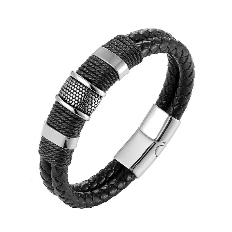 Custom Man Bracelet Jewelry Vintage Real Leather Braided Bracelet Silver Stainless Steel Bracelet