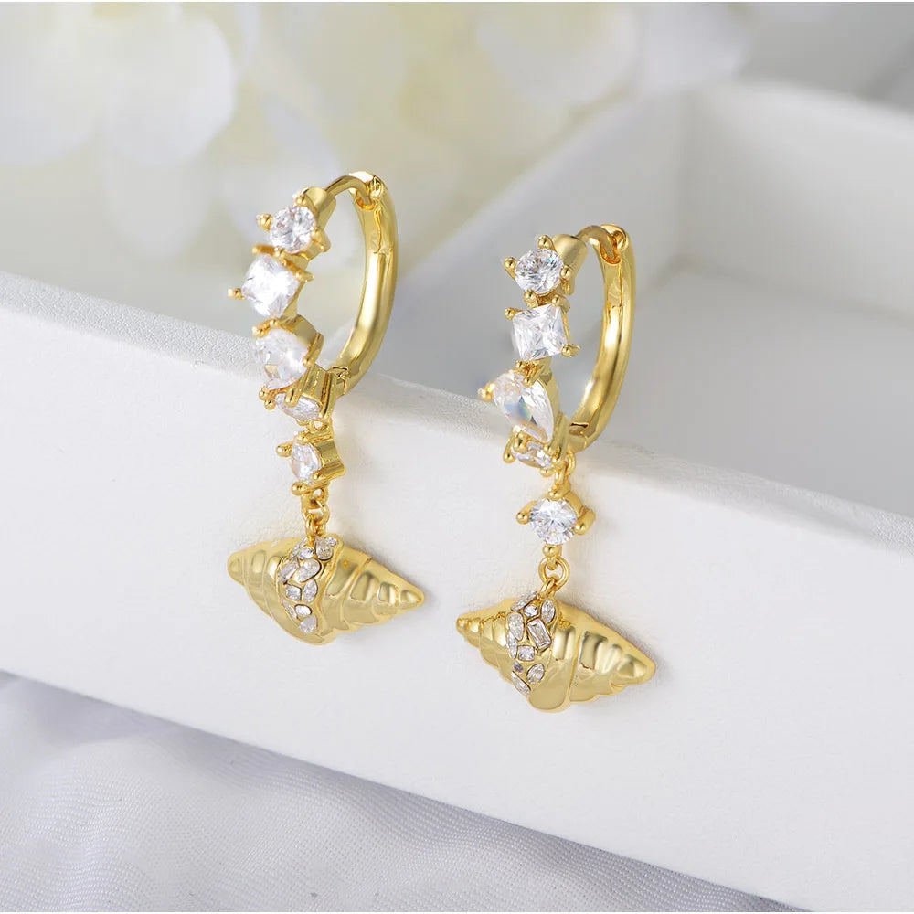 Wholesale Designer Rattling Conch Jewelry Psj Brass 18k Gold Plated Cz Zirconia Long Drop Down Earrings for Women Girls
