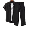 2024 Summer Men Striped 2 Piece Set Suits Short Sleeve Tops + Long Pants Lapel Button Elastic Waist Trousers Tracksuit