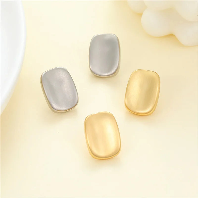 New Trendy Korean Popular Jewelry Retro Minimalist Style Square Brass Needle Frosted Brushed Stud Earrings Women 14K Gold Plated