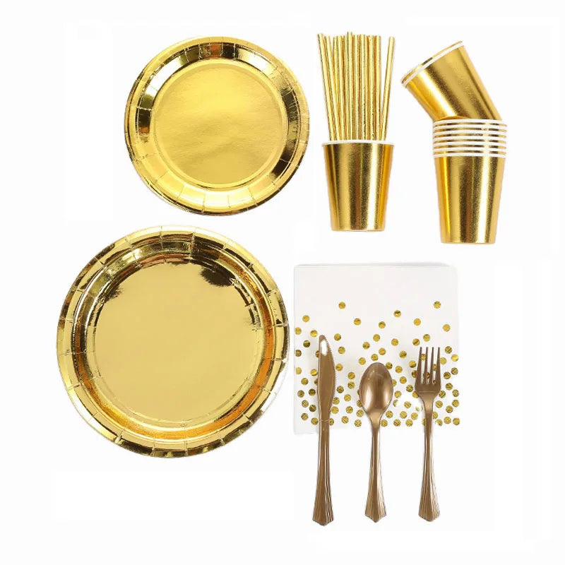 Gold Party Supplies Tableware Foil Plate Napkin Flatware Cups for Wedding Birthday Service for the Production of Wholesale