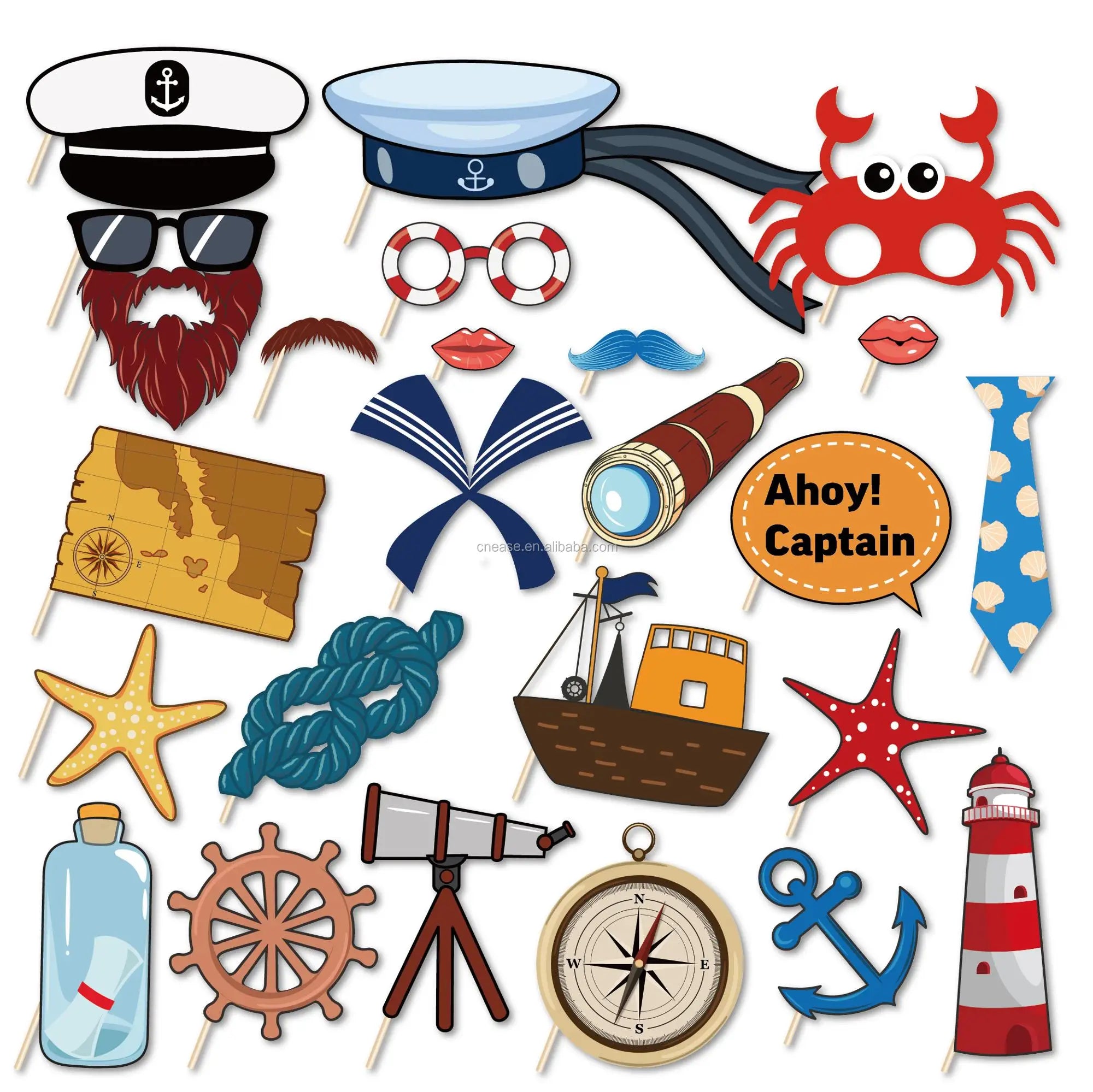 Huancai Nautical Photo Booth Props with Sticks Anchor Sailboat Party Selfie Props Kit for Kids Birthday Sailor Party Supplies
