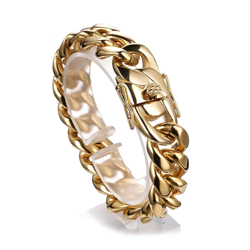 Classic Luxury Children's 18K Gold 316L Stainless Steel Thick Miami Cuban Link Hand Chain Slave Bracelet Geometric Anniversary