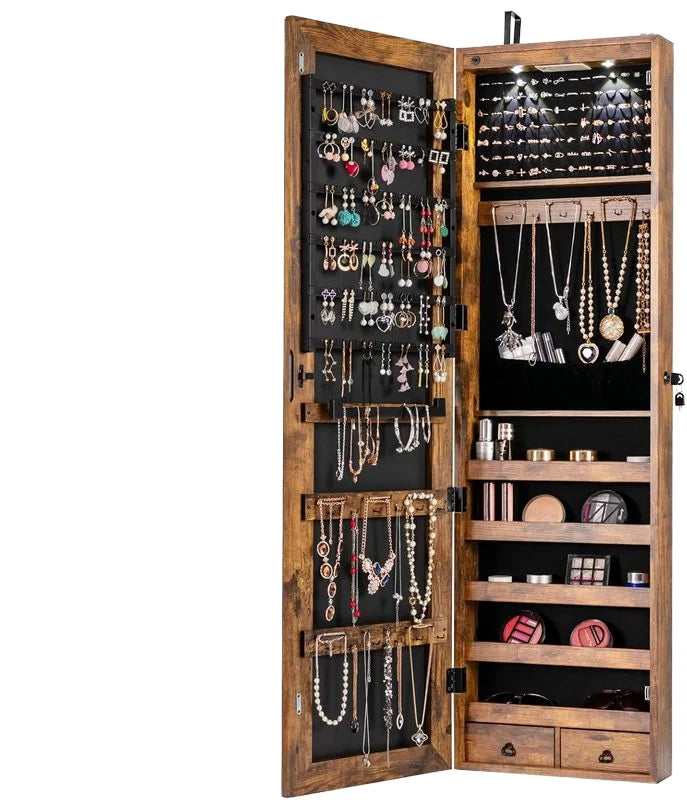 Large Wooden Armoire Cabinet Stand Full Body Jewelry Mirror Storage Cabinet for Living Room MegaBDM