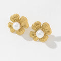 Vintage Trendy Style Parties Stainless Steel Gold Plated Imitation Pearl Flower Stud Earrings for Women