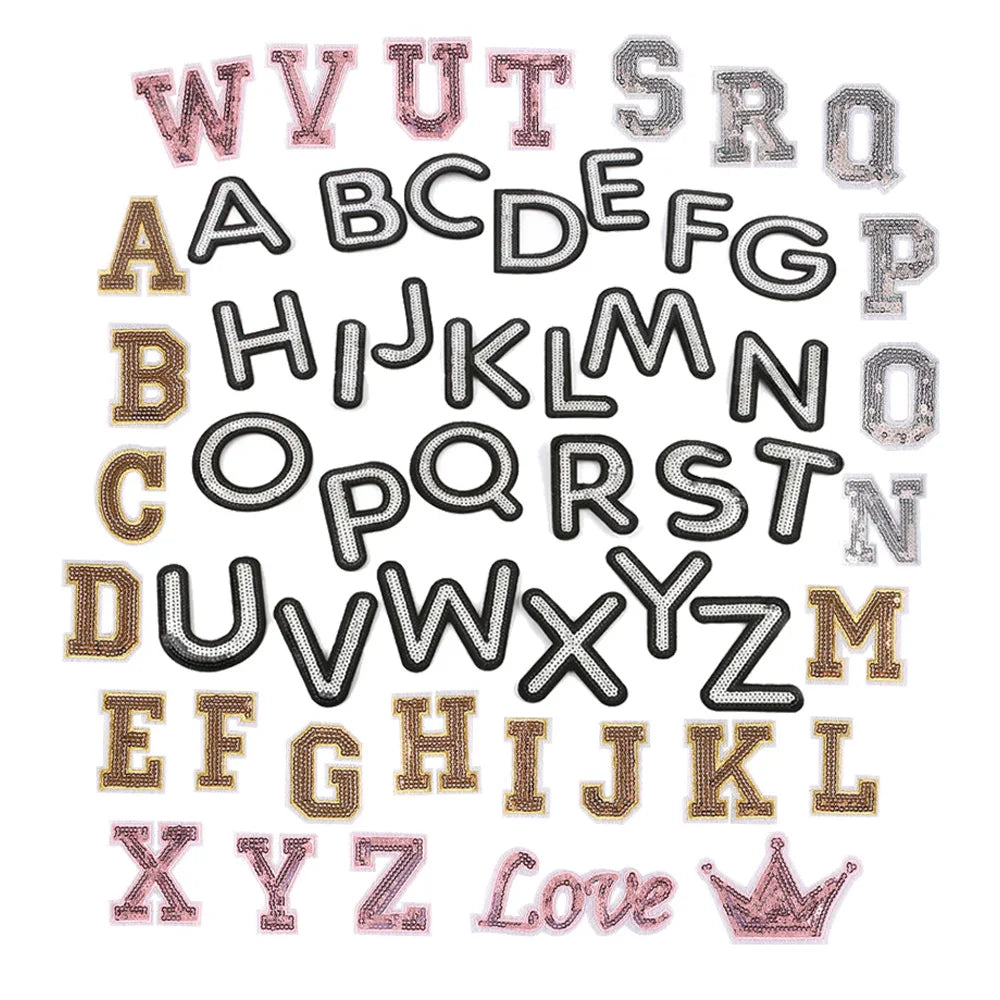 Hot Sale Wholesale Price A-Z Crown love Gold Silver pink Color Iron on Sequin Alphabet Patches Letters for Clothing Cap