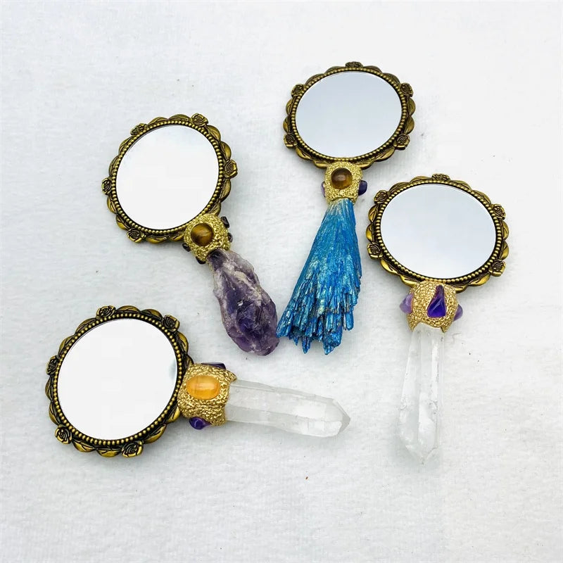 Magical Natural Gemstone Purple Amethyst Point Mirror Hand Held Crystal Makeup Mirror