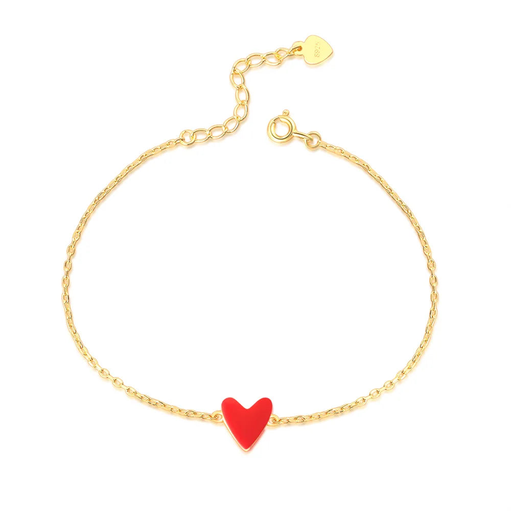 Wholesale Low Price 14K Gold Plated 925 Sterling Silver Love Heart Synthetic Red Coral Charm Bracelet HI065