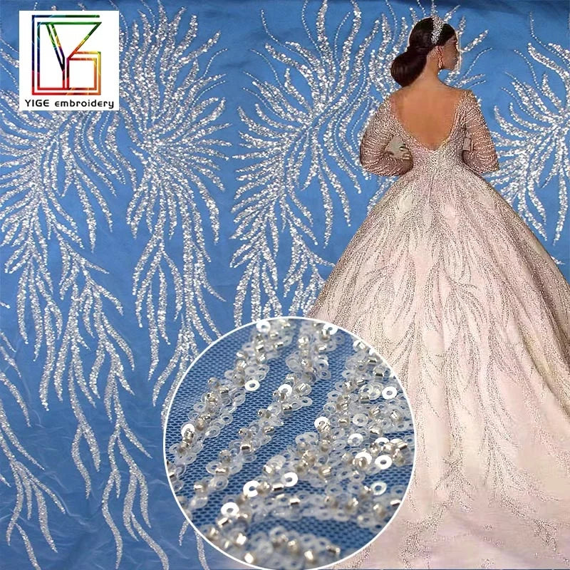 New Luxury African Wedding Party Tulle Embroidery Sequin With Beads Bridal Lace Fabric