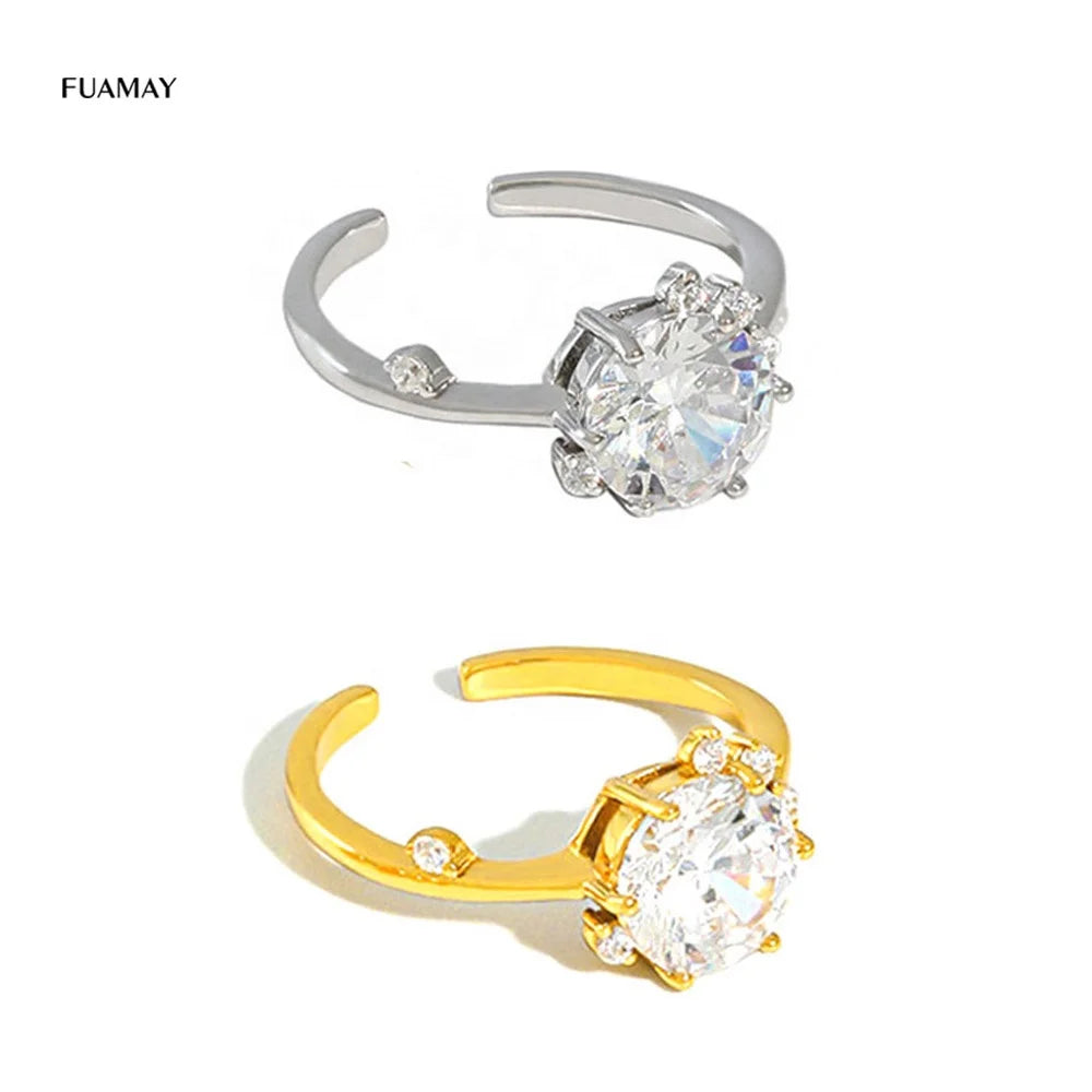 FUAMAY Classic Large Round CZ Stone Open Engagement Ring Silver Pave Setting for Anniversary Wedding & Party