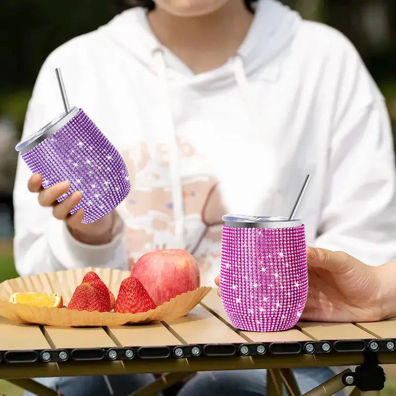 12oz U Egg Shape Diamond Tumbler Beer Wine Glass Water Bottle Stainless Steel Vacuum Thermal Insulated Mug Cup with Lid Straw