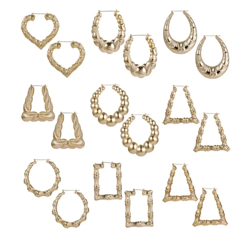 Punk Gold Bamboo Shape Earring Fashion Various Geometric Heart Circle Hoop Earring for Women Girls Gift Accessories