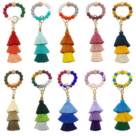 New Design Silicone Bead Chain Link Bracelets Wristlet Keychain Adjustable Size Trendy Colorful Tassel Pendant Key Ring Unisex