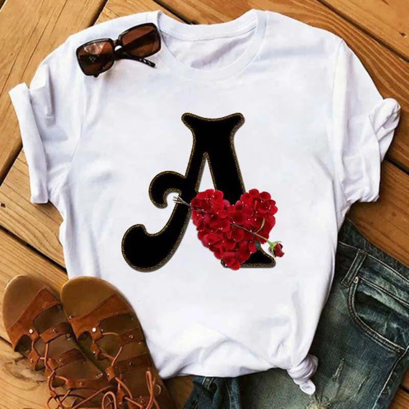 A B C D E English Alphabet Print T Shirt Women New Summer Couples Lovers Female T-Shirt Harajuku Casual Black Tops Tshirts