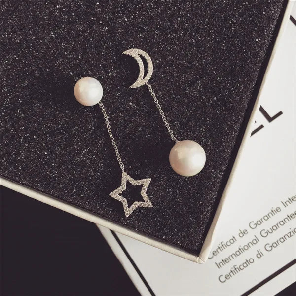 New Hot Fashion 925 Sterling Silver Pearl Star Moon Earrings for Women Girls Gift Fashion Statement Jewelry