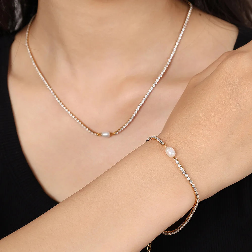 Luxury Stainless Steel 18k Gold Plated Waterproof Jewelry Set Zircon Bracelet Baroque Pearl Pendant Women Necklace