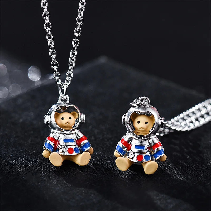 Titanium Steel Couple Necklace for Man Woman Personality Niche Jewelry Stainless Steel Chain Astronaut Space Bear Necklace