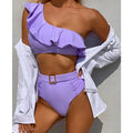 New Design Two Piece Swimsuit Solid Color Swimwear One Shoulder Ruffle Style Beachwear