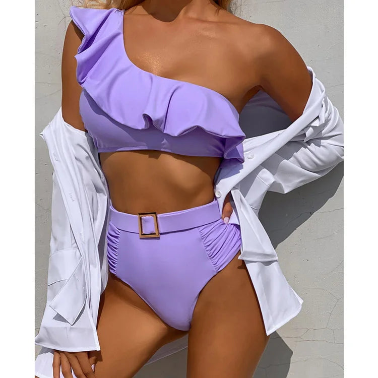 New Design Two Piece Swimsuit Solid Color Swimwear One Shoulder Ruffle Style Beachwear