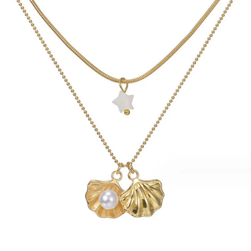 HOVANCI 18K Gold Plated Stainless Steel Summer Style Conch Shell Star Pendant Necklace with Link Chain Trendy Necklace for Women