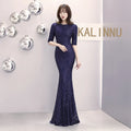 16001# Women Bead Striped Slimming Fishtail Host Evening Gown Length Long Sleeve Dress