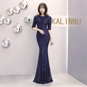 16001# Women Bead Striped Slimming Fishtail Host Evening Gown Length Long Sleeve Dress
