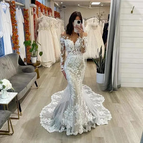 S0704H New Skin Color Mesh Mermaid Wedding Dress Mermaid Gauze Retro Lace Long Sleeves Slim Waist Wedding Dress