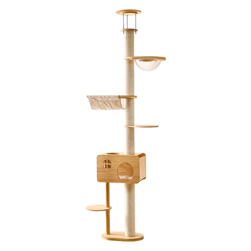 Modern Solid Wood Cat Tree Scratcher Integrated Cat Nest Jumping Platform Sky Column Space Capsule Design Universal for Four