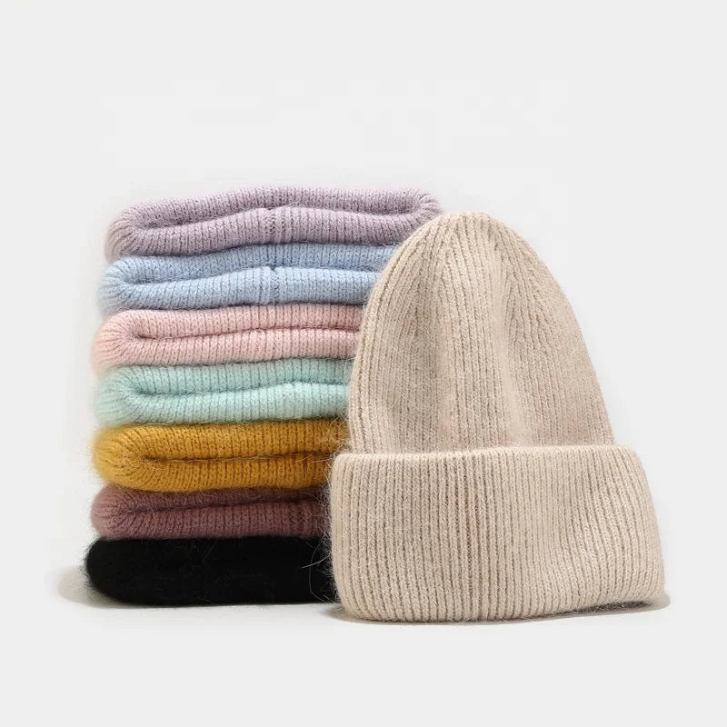 WD-A628 Angora Plain Handmade Knitted Wool Hat Fluffy Beanie Hat Soft Cozy Warm Winter Hat Women