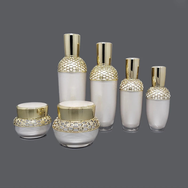 30g 50g Plastic Luxury Empty White/Gold Acrylic Jars & 30ml 60ml 110ml 130ml Lotion Bottles for Skincare with Support Printing