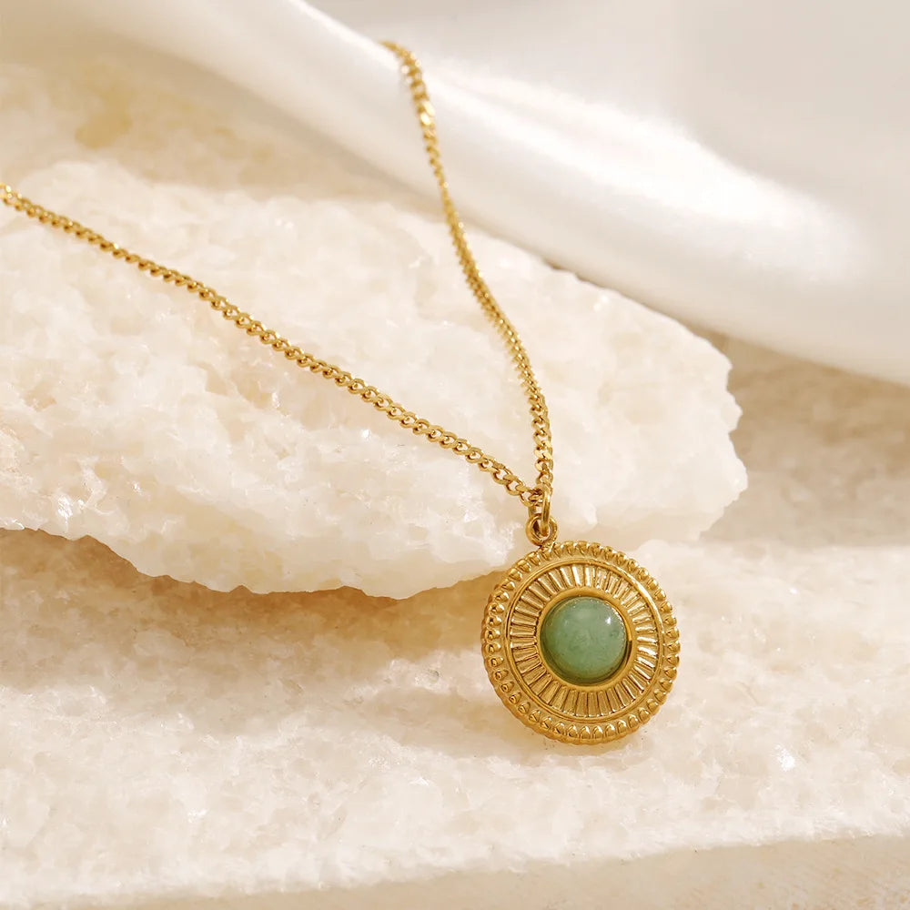 Natural Stone Pendant Necklace New Simple Versatile Round Pendant Necklace for Women's Stainless Steel 18K Gold Necklace