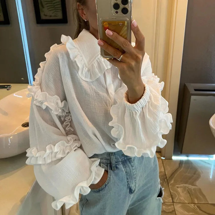 Enyami High Street Sweety Chic Ruffles Shirred Design Office Casual Lantern Long Sleeve Shirt Tops White Women Blouses