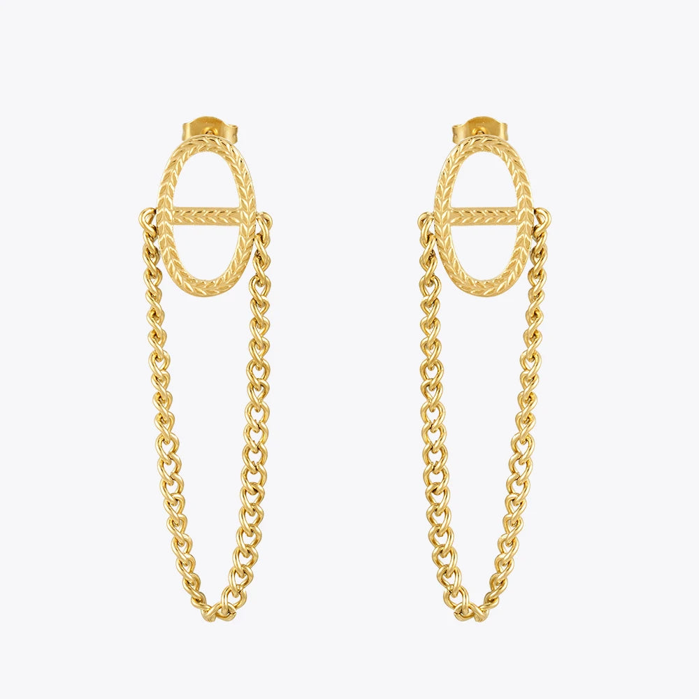 Latest 18K Gold Plated Stainless Steel Jewelry Oval Branch Leaf Shaped Stud Long Chain Drop Earrings for Women Earrings E241613