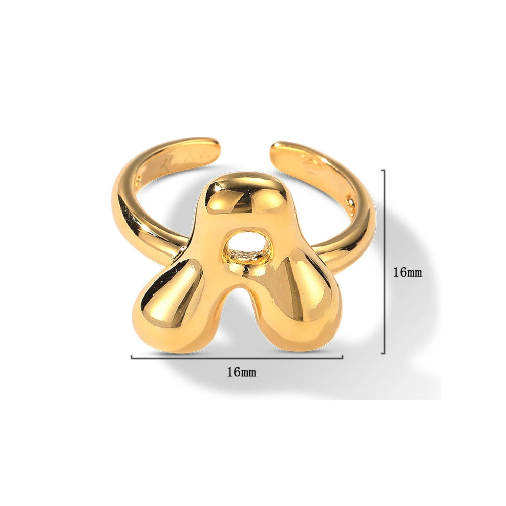 Fashion Resizable Adjustable Brass Alloy 18k Fine Gold Plating Initial Bubble Capital Letter Charm Ring Women