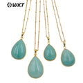 WT-N1292 Women 18 Inch Long Natural Teardrop Stone Necklace 18k Real Gold Plated Bezel Pear Drop Blue  Necklace