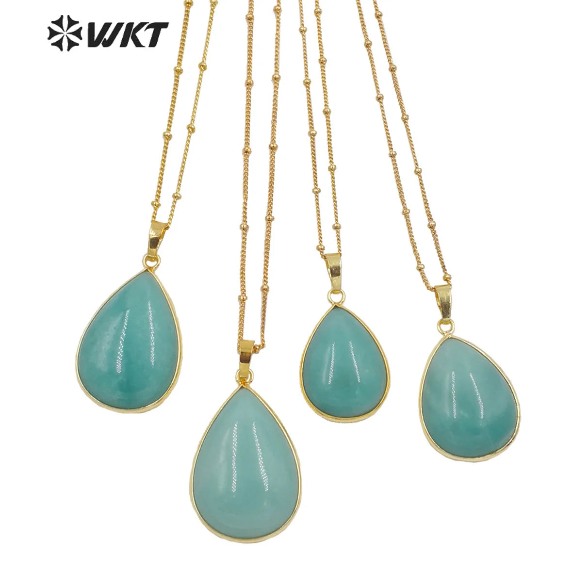 WT-N1292 Women 18 Inch Long Natural Teardrop Stone Necklace 18k Real Gold Plated Bezel Pear Drop Blue  Necklace