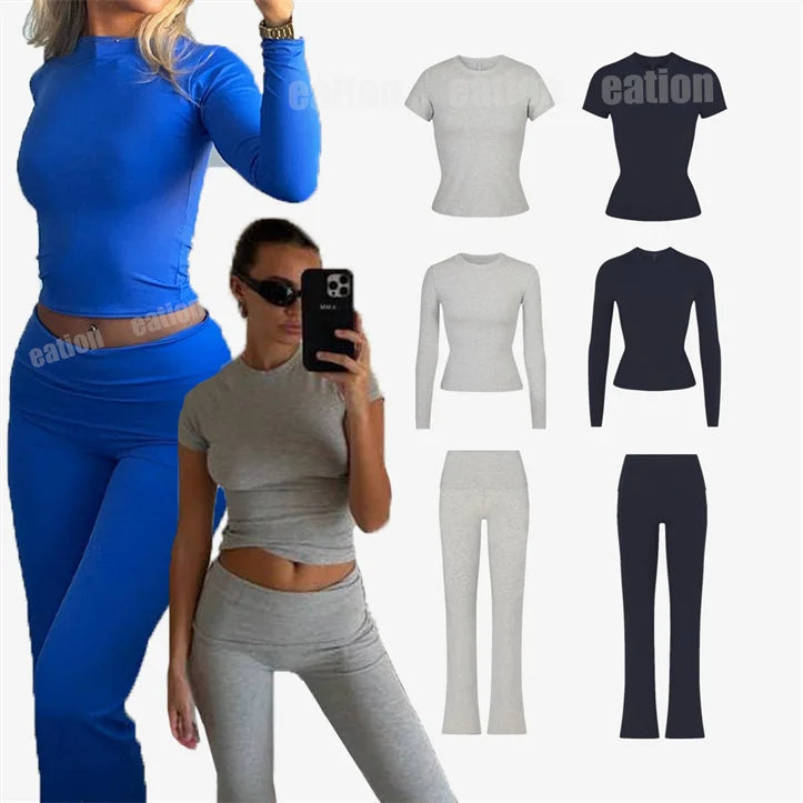 Custom Slim Fit Crop Tops Low Rise Fold Over Yoga Pants Two Piece Loungewear Women Sets