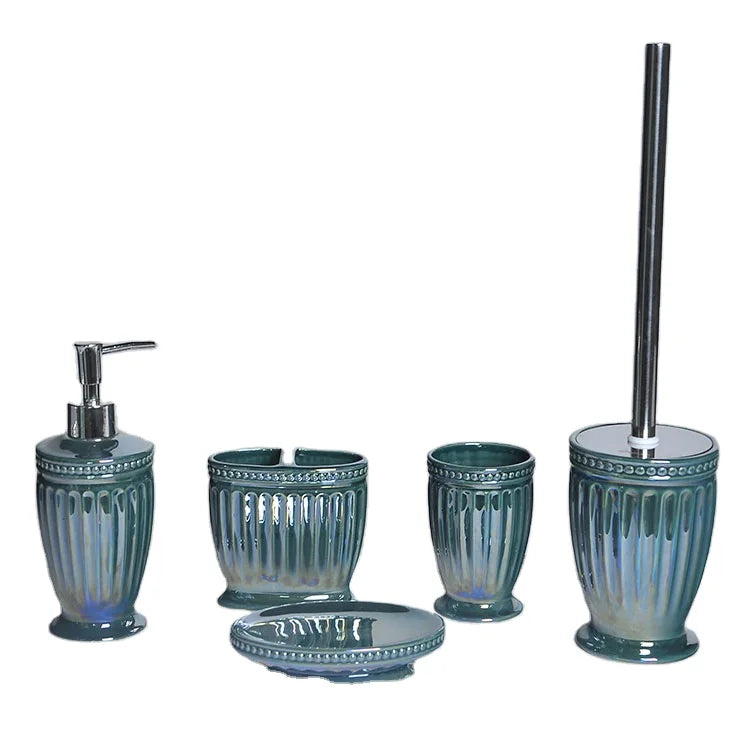 Simple Design Luxury Five-piece Roman Column Eco-Friendly Green Ceramic Bathroom Decor Accessories Set Customized Logo Stocked