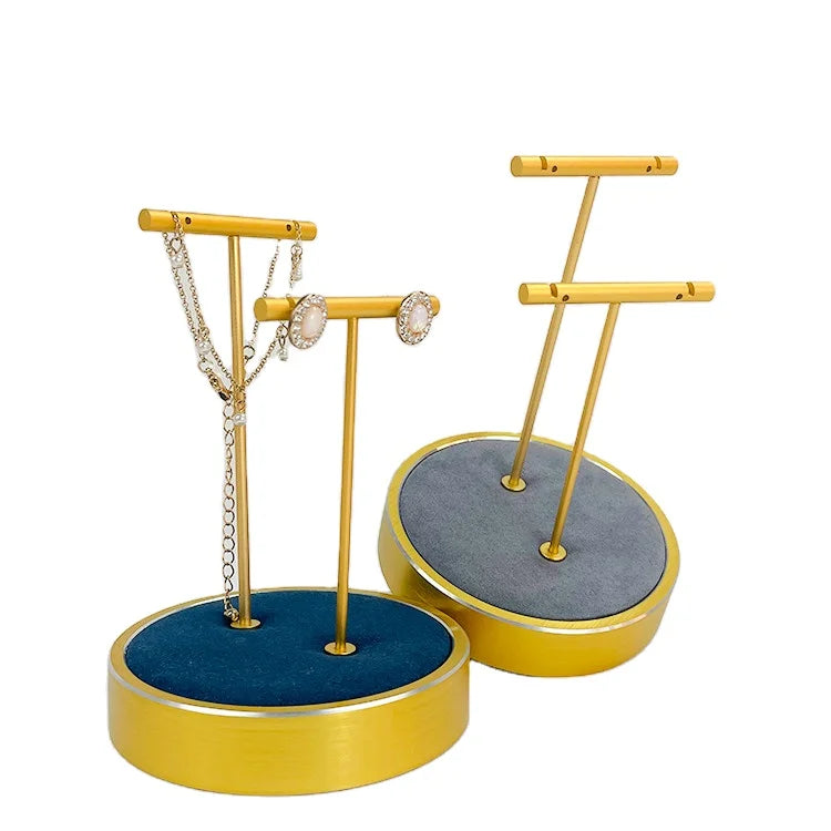 Patent design Metal microfiber round base earrings display stand jewelry showcase two layers necklace pendant display props