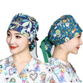 Printed Ponytail Holder Nurses Headwear Hat with Button Adjustable Hair Scrub Hat