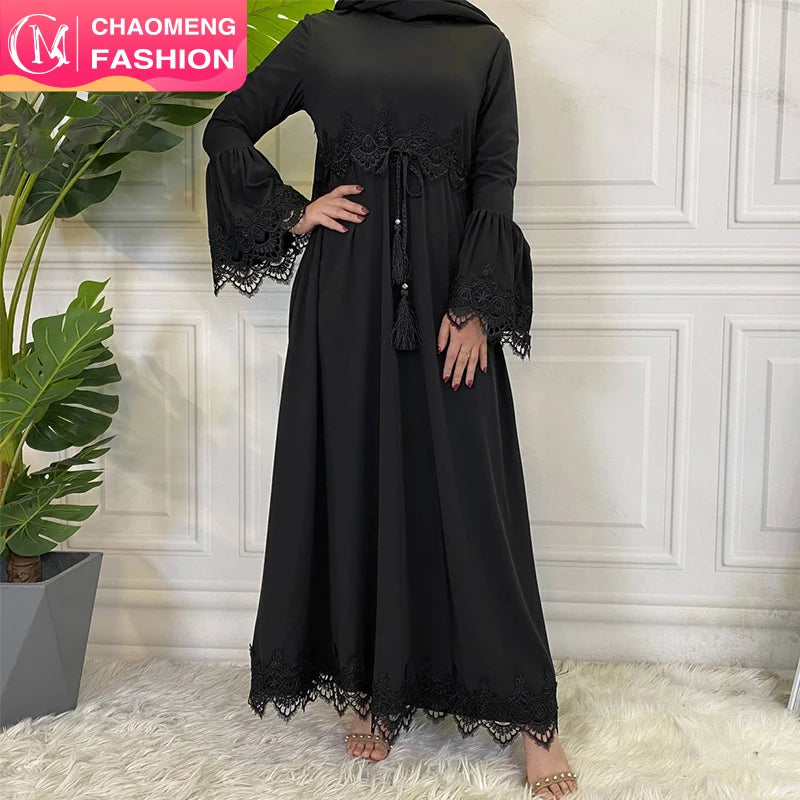 16001# New Fashion Black Lace Dress Long Sleeve Black Embroidery Classic Close Abaya Dresses Muslim Islamic Abayas