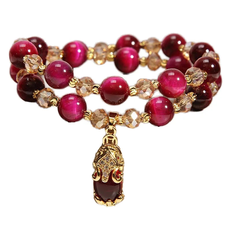 Amulet PIXIU Tiger Eye Stone Bracelets Chinese Feng Shui Plutus Cat Wealth Lucky Sign Crystal Beads Double Layer Women Bracelet