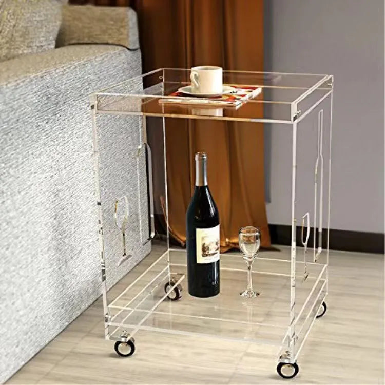 Modern Double Layer Snack Cart Transparent Acrylic Coffee Table Trolley for Dining Living Room & Kitchen for Hotels & Hospitals